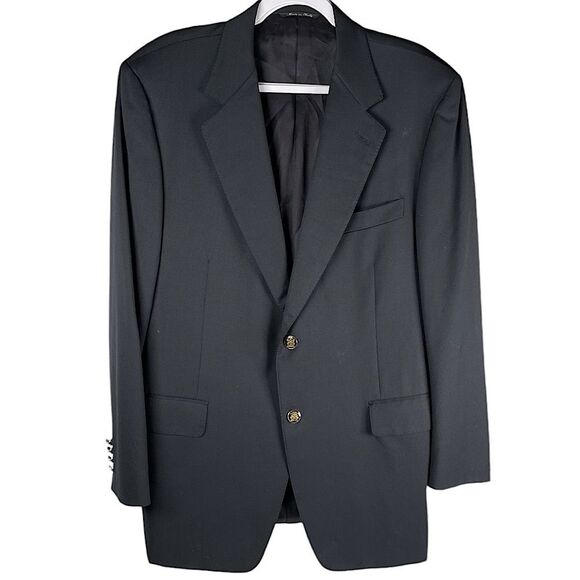 Canali 54L / US 44L  black 100% pure wool gold crest metal button mens blazer - Picture 1 of 10